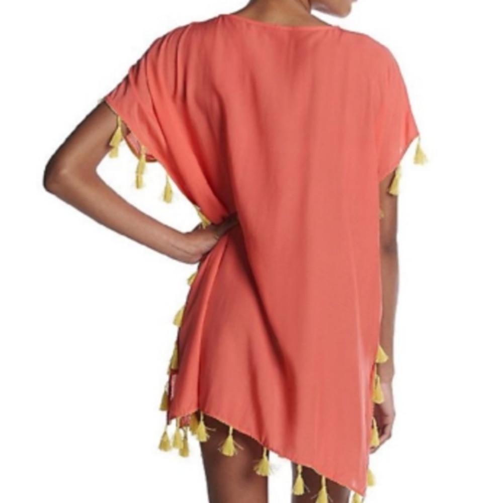 Boho Pom-Pom Fringe Hankerchief Tassel Coral Swim Cover Up Sz L